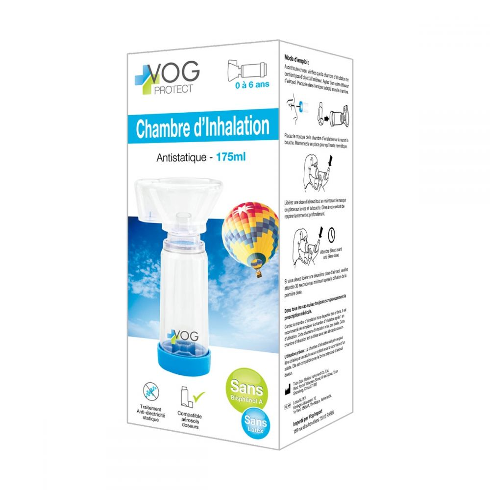 VOG PROTECT Inhalationskammer, Antistatik, 175ml, mit Anleitung und Heißluftballon-Design.