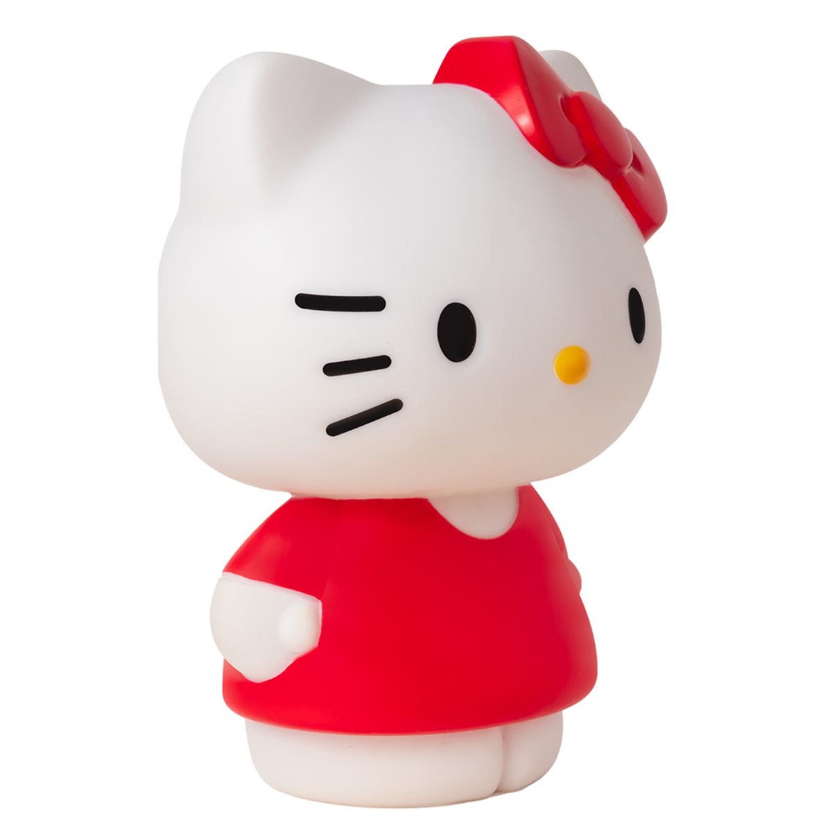 Una figura bianca di Hello Kitty con vestito rosso e fiocco.