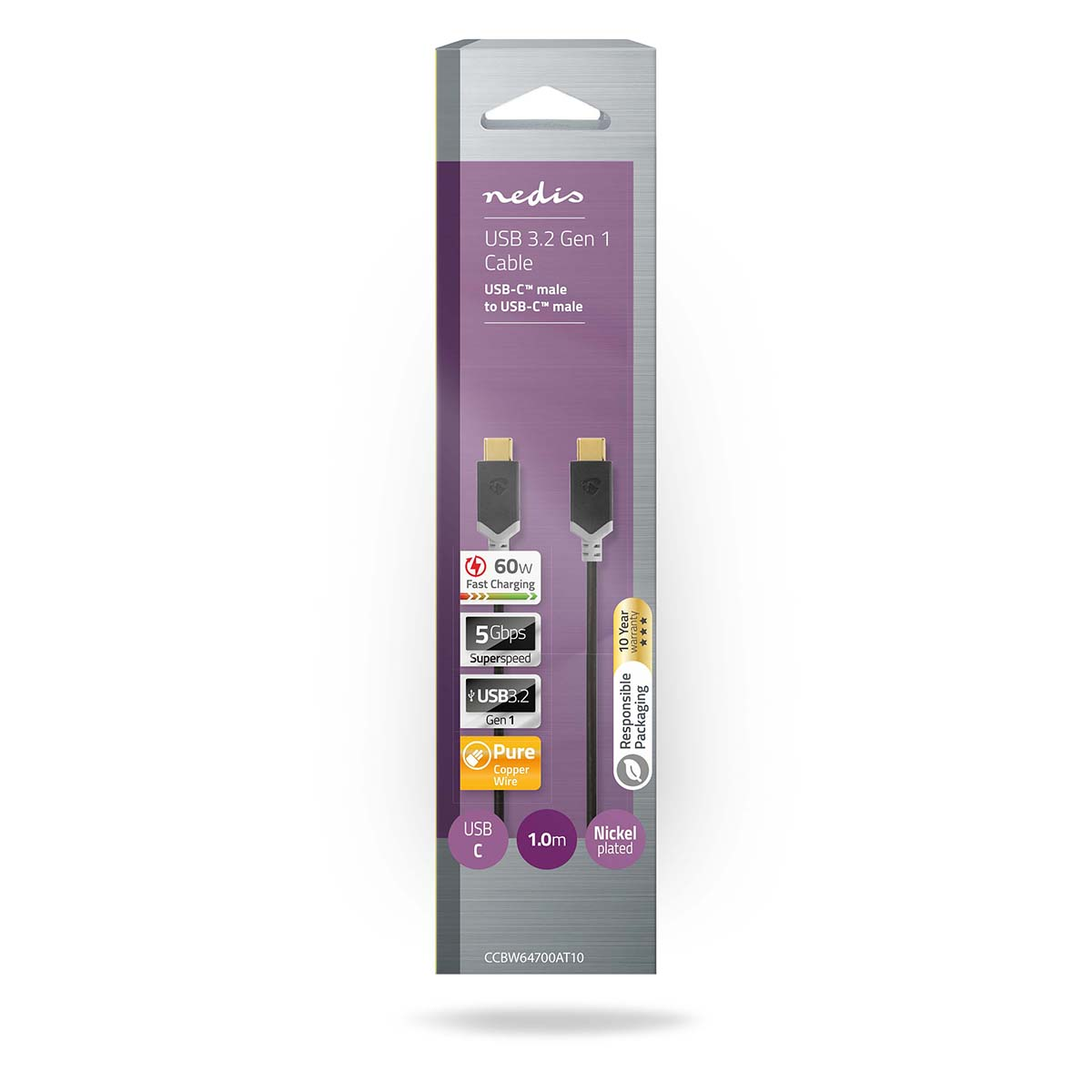 Confezione cavo Nedis USB 3.2 Gen 1 con ricarica rapida 60W, 5Gbps, 1m, connettori USB-C.