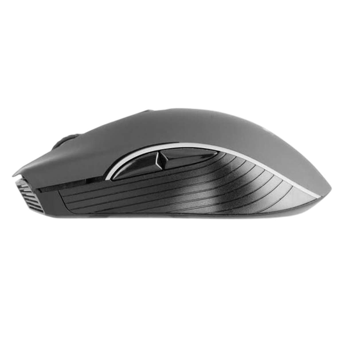 Un ratón de ordenador oscuro y ergonómico con rueda de desplazamiento y lados acanalados.