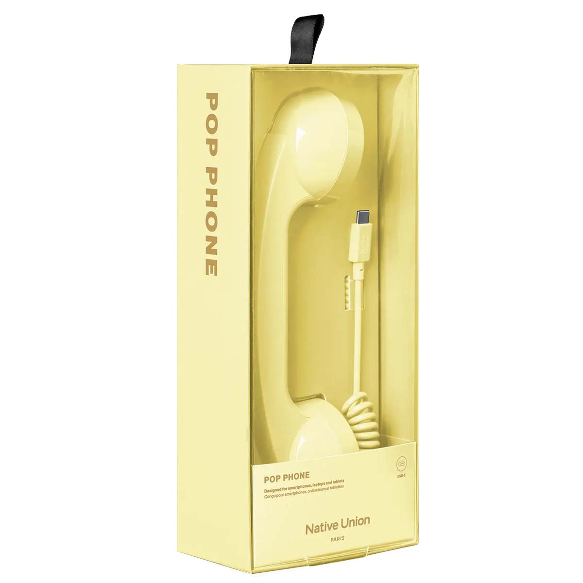 Un Pop Phone giallo in confezione con cavo USB-C.