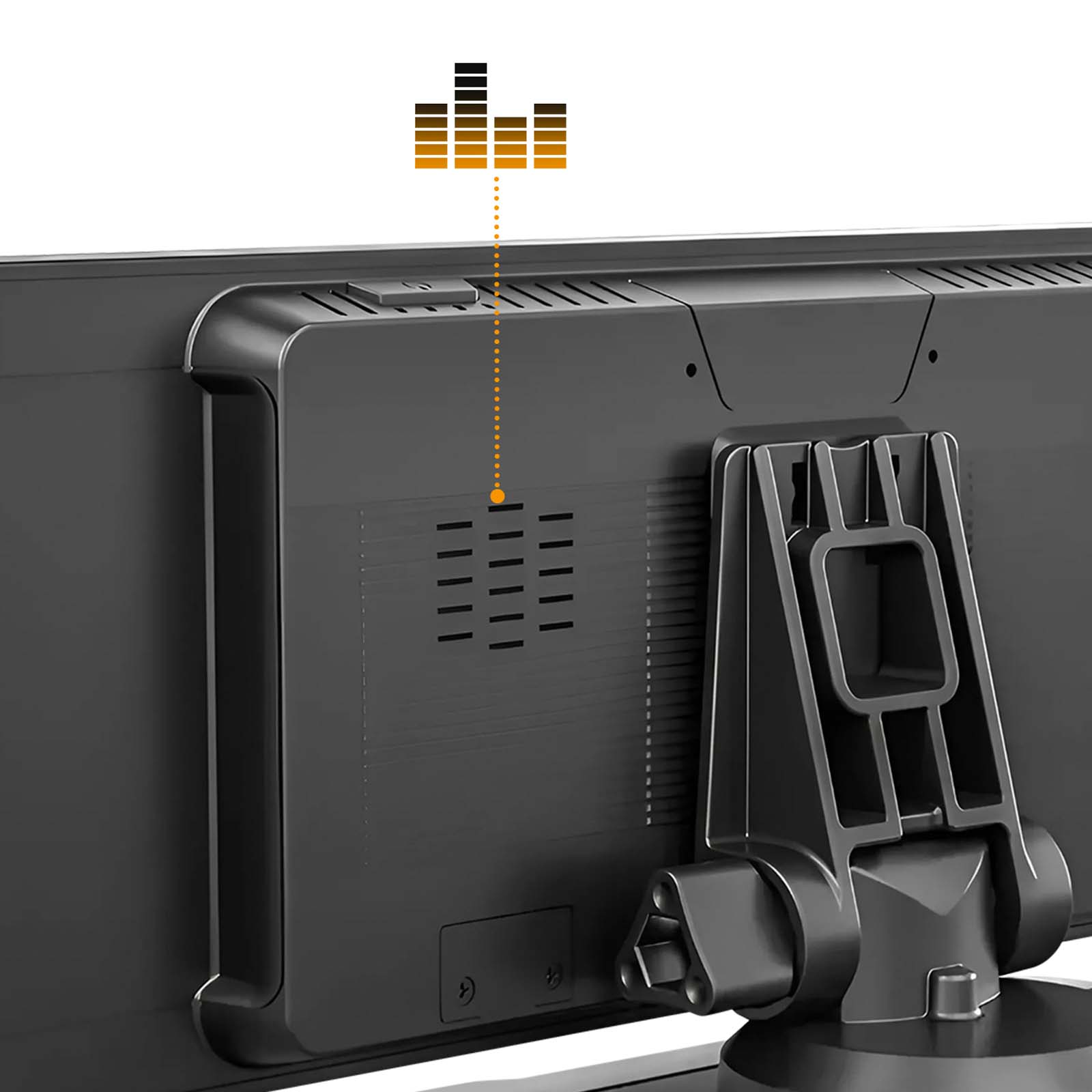 Arrière d'un moniteur noir avec support intégré et indicateur de niveau audio.
