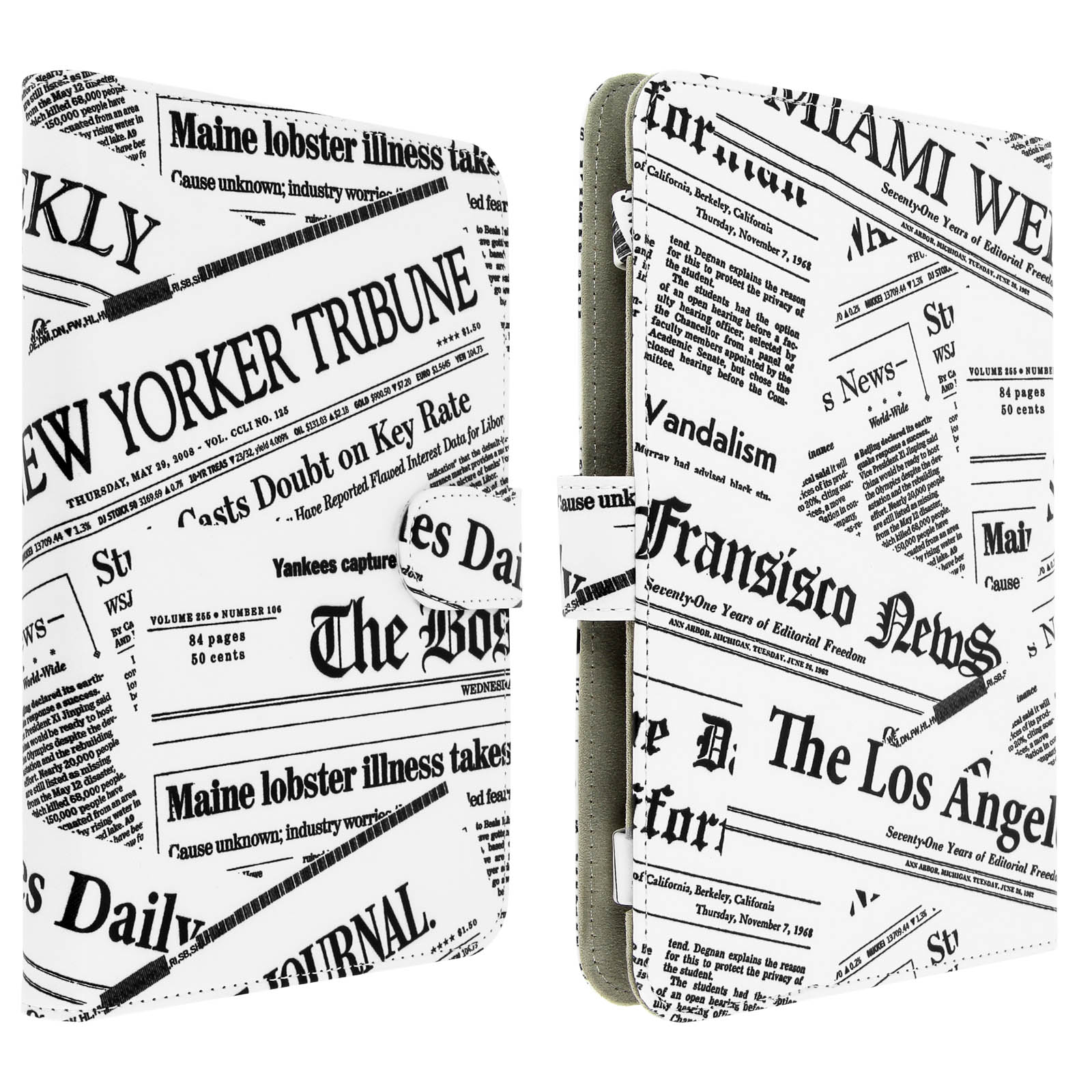 Collage di pagine di giornale con titoli come "Maine lobster illness takes" e "New Yorker Tribune".