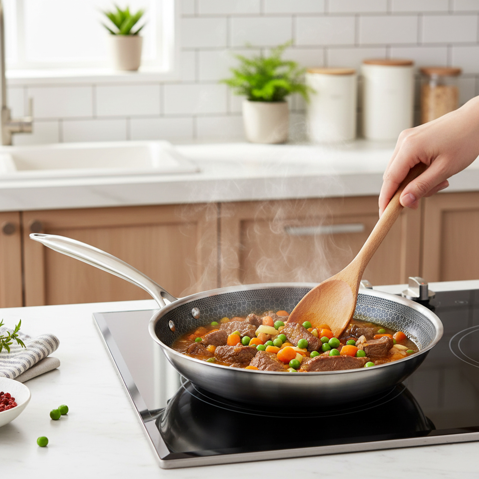 Main remuant un ragoût avec de la viande et des légumes dans une poêle.