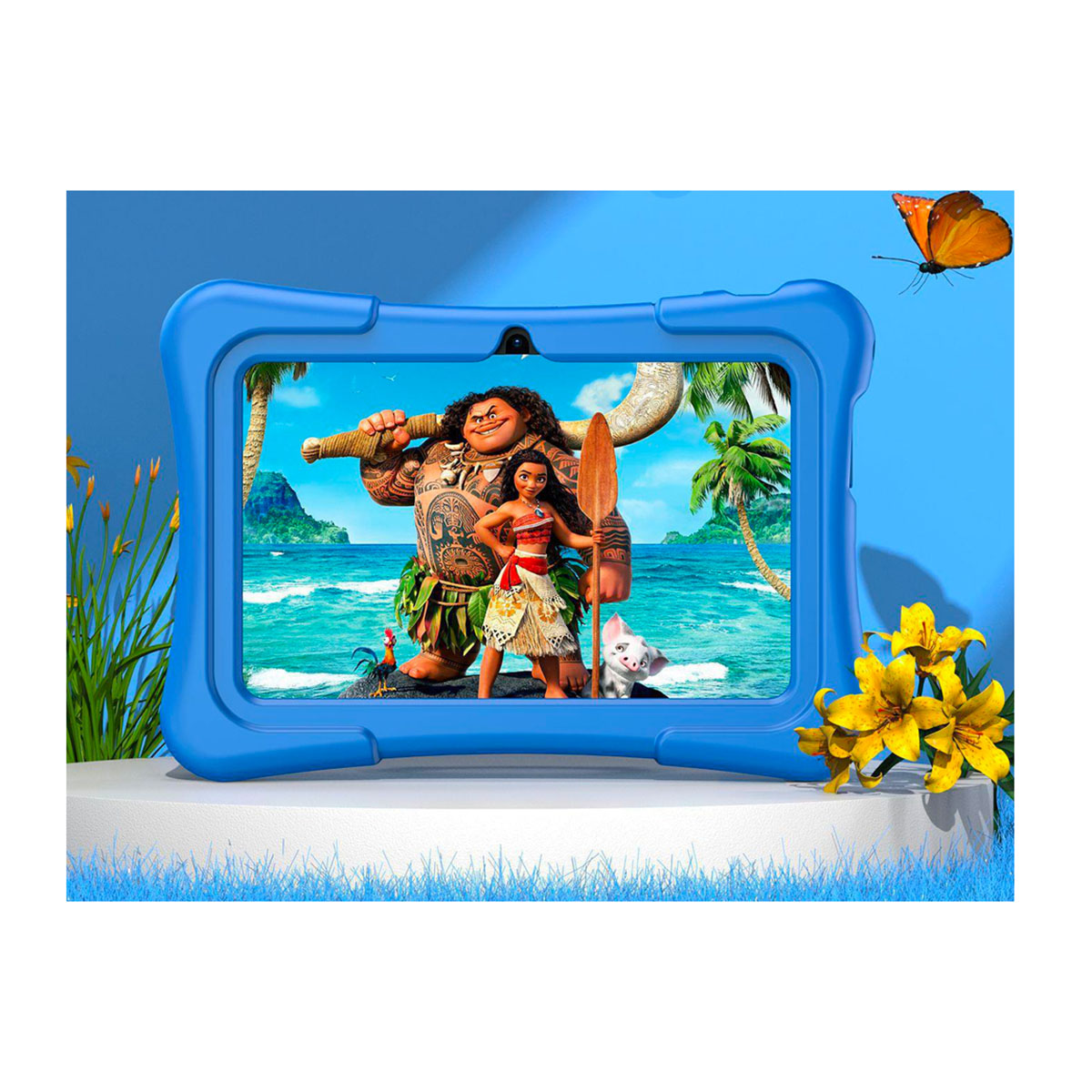 Une tablette bleue affiche Maui et Moana sur fond d'île tropicale.