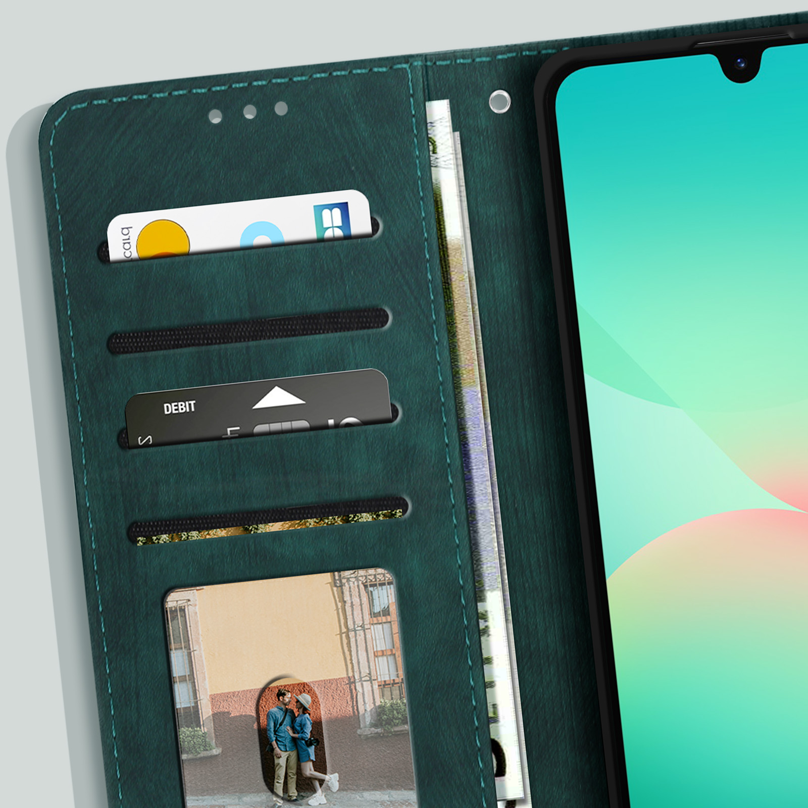 Custodia per telefono verde scuro con slot per carte, banconote e foto.