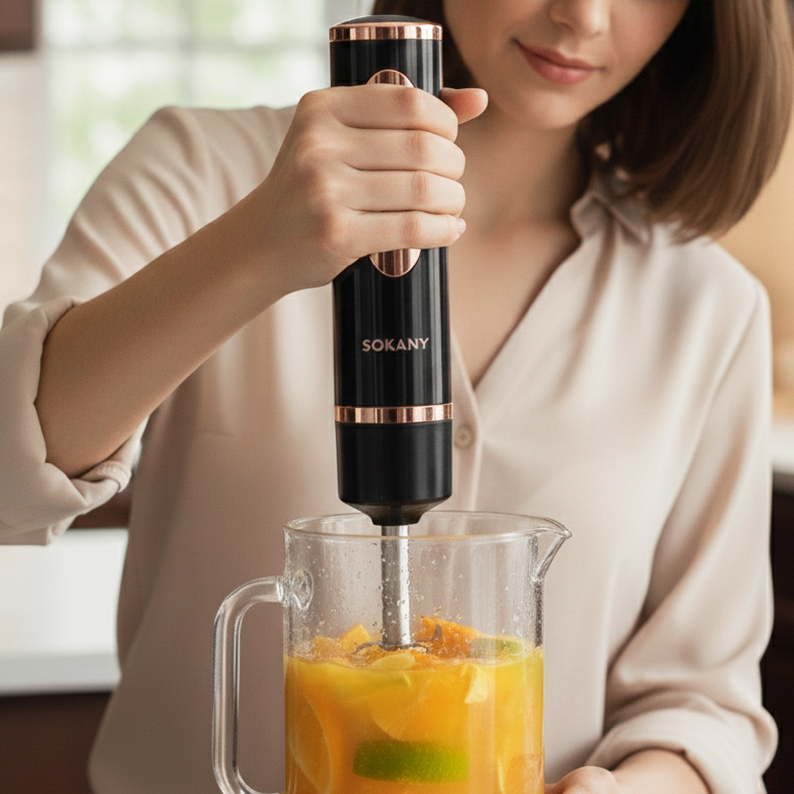 Frau mixt Fruchtsaft in einem Krug mit einem schwarzen Stabmixer mit Roségold-Akzenten.