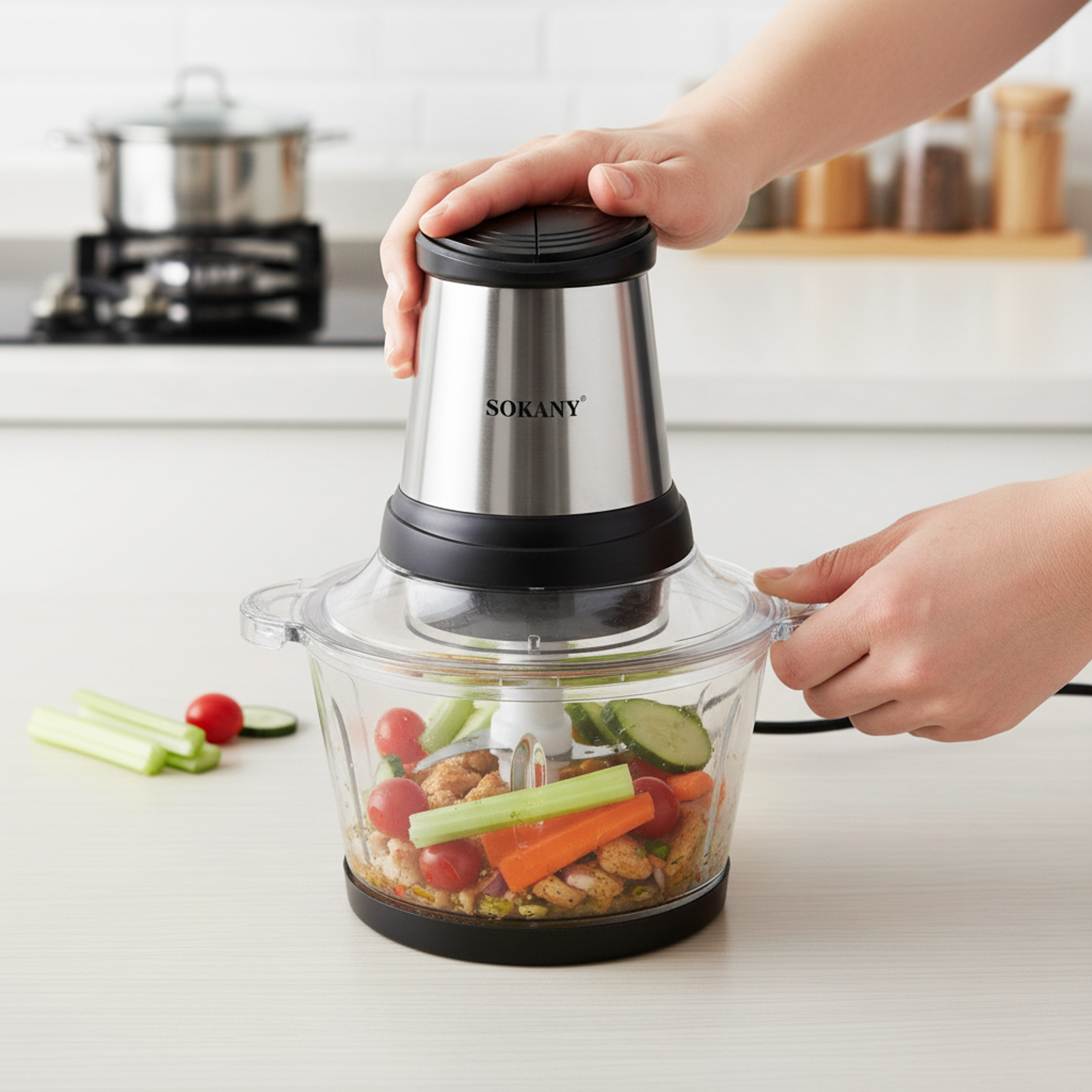 Mani che azionano un robot da cucina SOKANY con verdure e carne nella ciotola.
