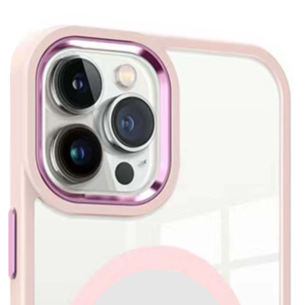 Custodia rosa per iPhone con fotocamere visibili e anello magnetico.