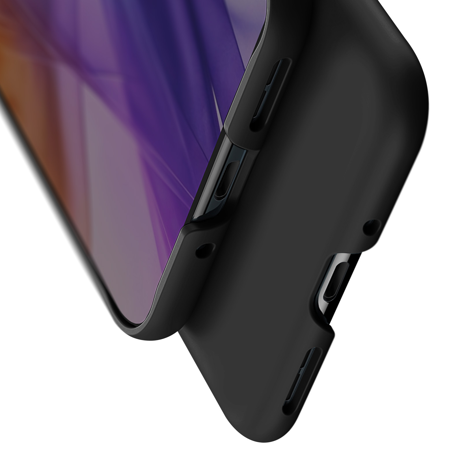 Smartphone nero con pulsanti laterali e schermo viola/arancione.