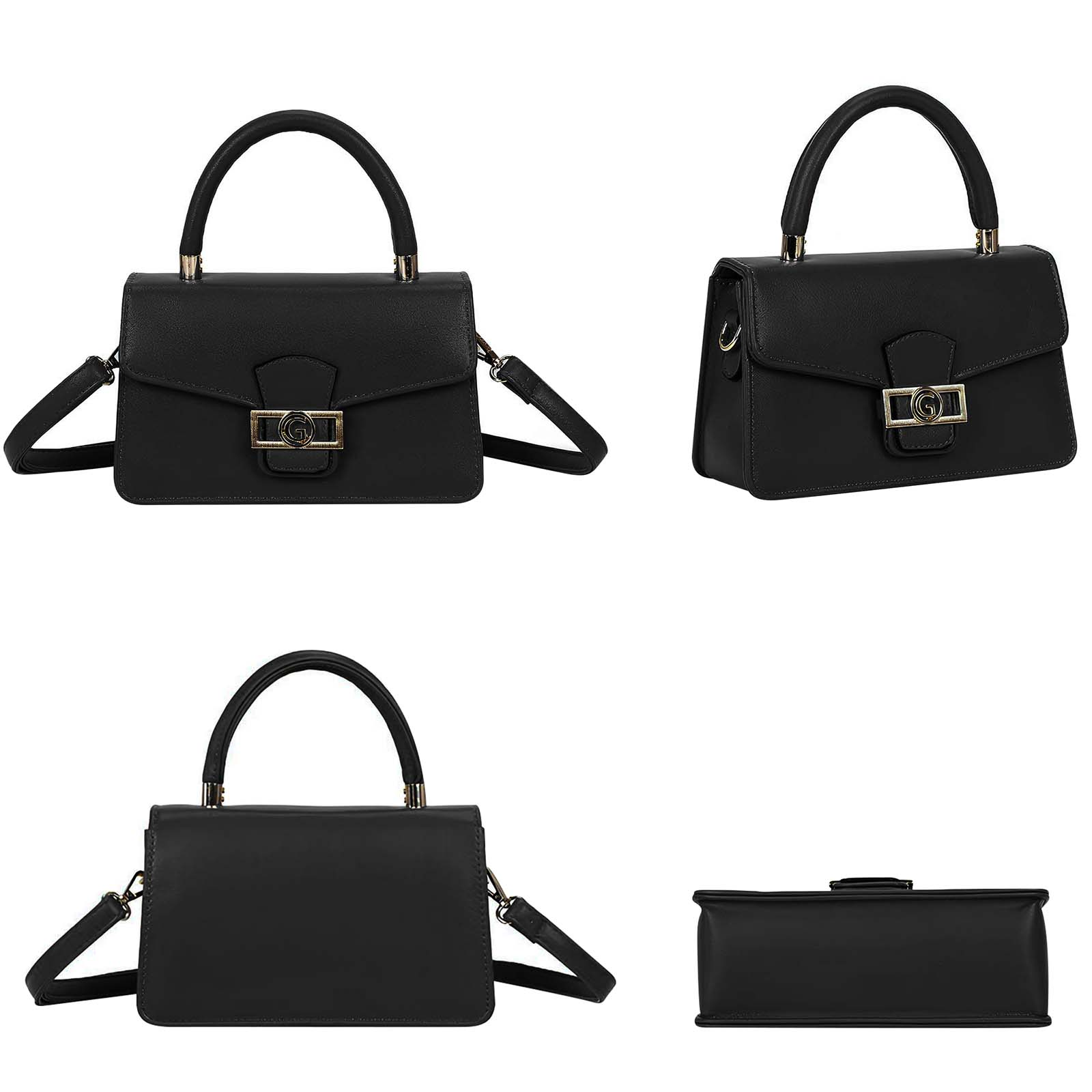 Bolso negro con asa y correa, detalle de cierre dorado.