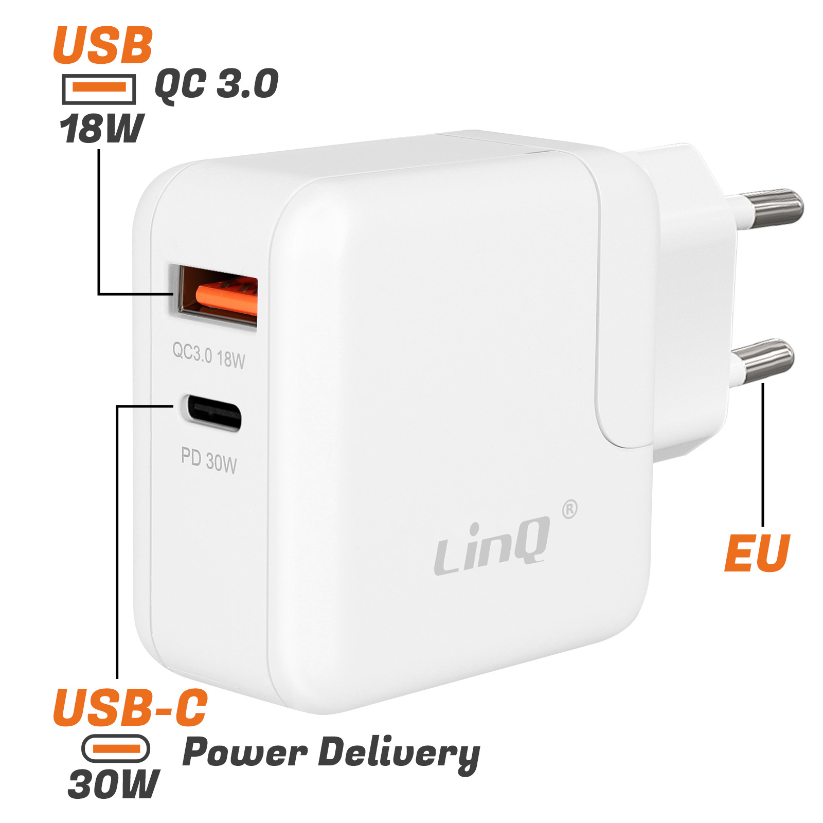 Caricatore USB-C bianco con spina UE, 18W QC 3.0 e 30W PD.