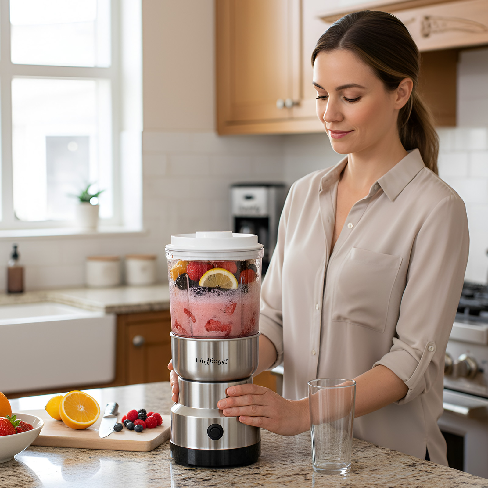 Eine Frau in einer Küche mixt Früchte in einem Mixer. Beeren und Orangen liegen daneben.