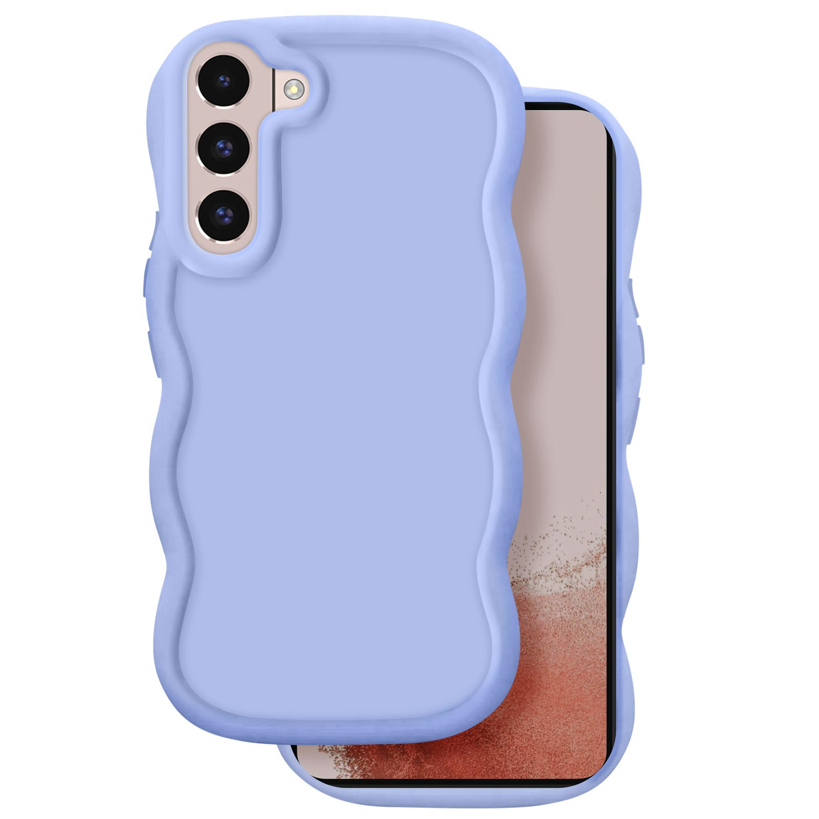 Custodia per telefono blu chiaro con bordo ondulato e fotocamera su sfondo bianco.
