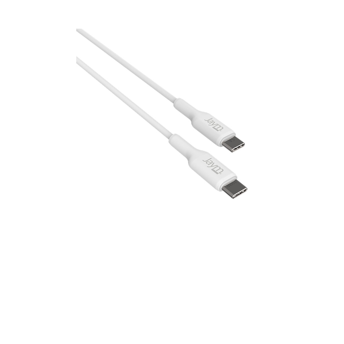Due cavi USB-C bianchi giacciono uno accanto all'altro, con il logo Jaym sui connettori.