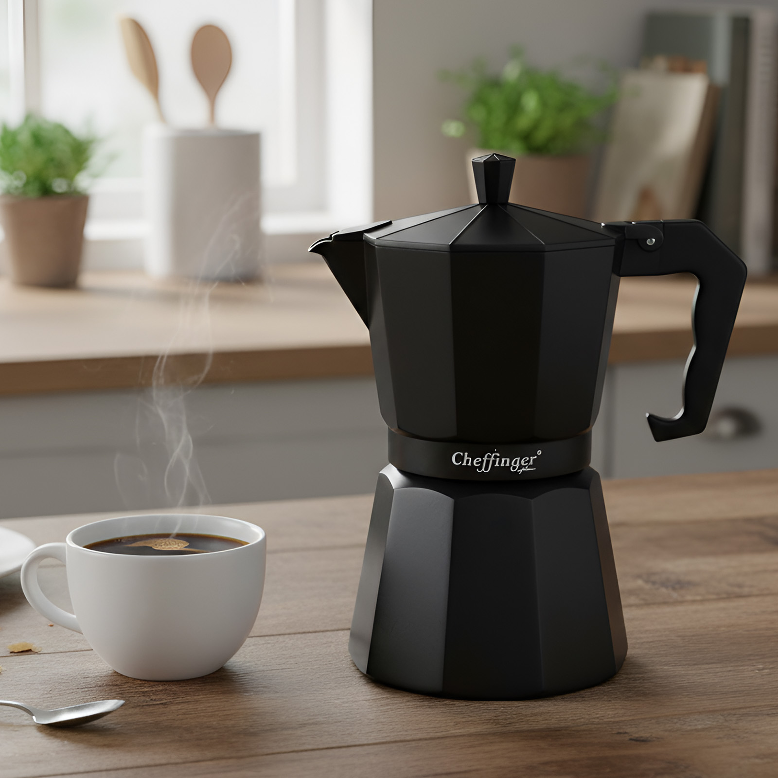 Una cafetera negra junto a una taza de café humeante.