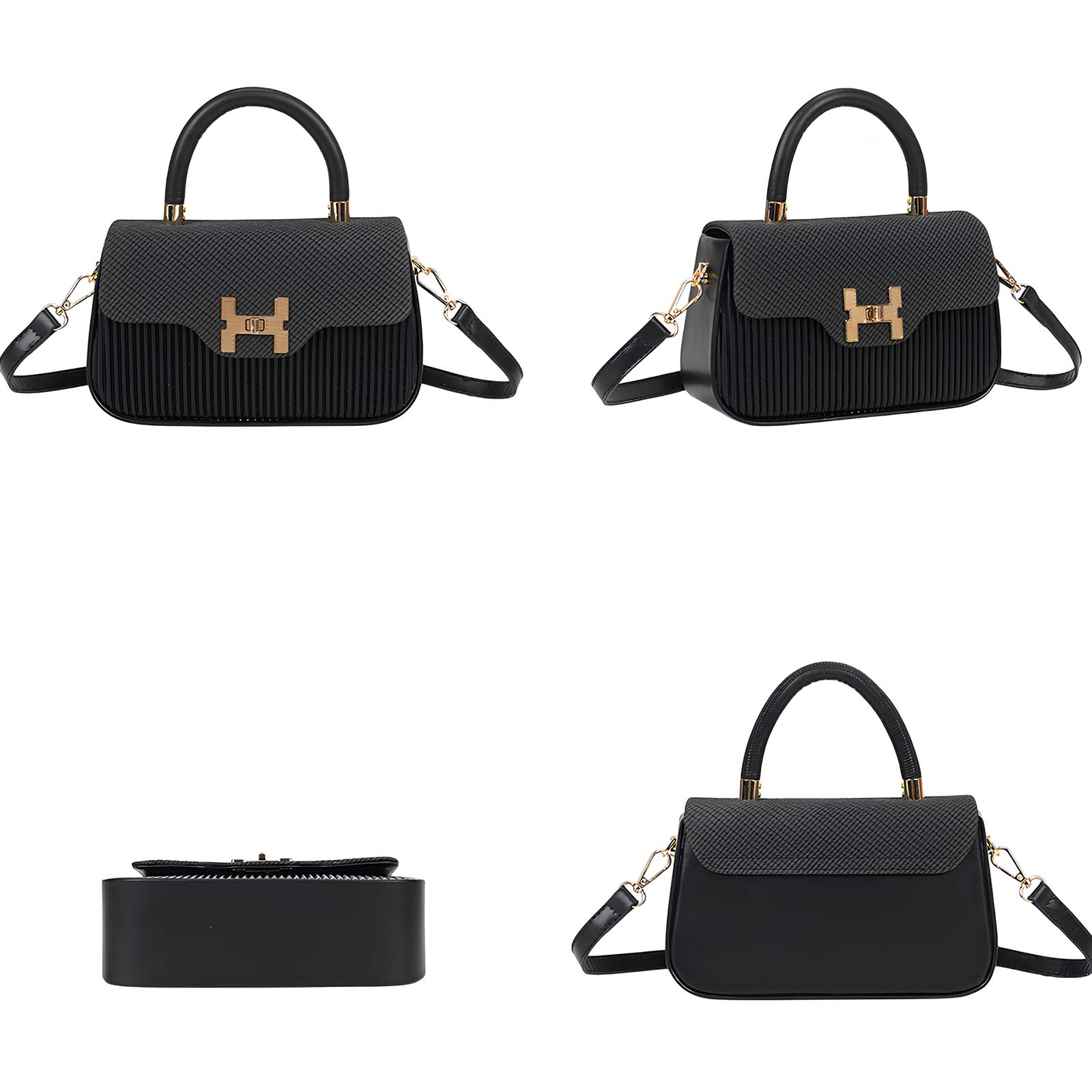 Bolso negro con asa y correa, cierre en H.
