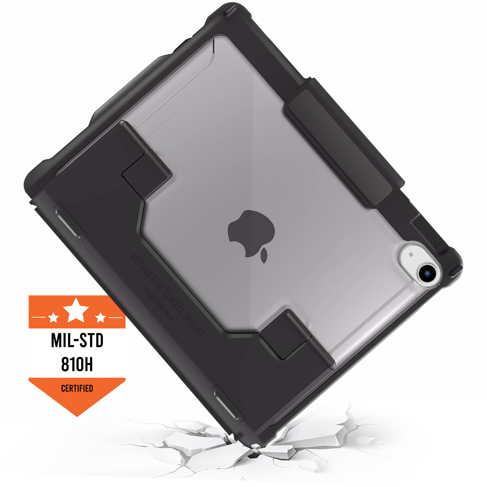 Un tablet nero con retro trasparente e logo Apple, in una custodia.