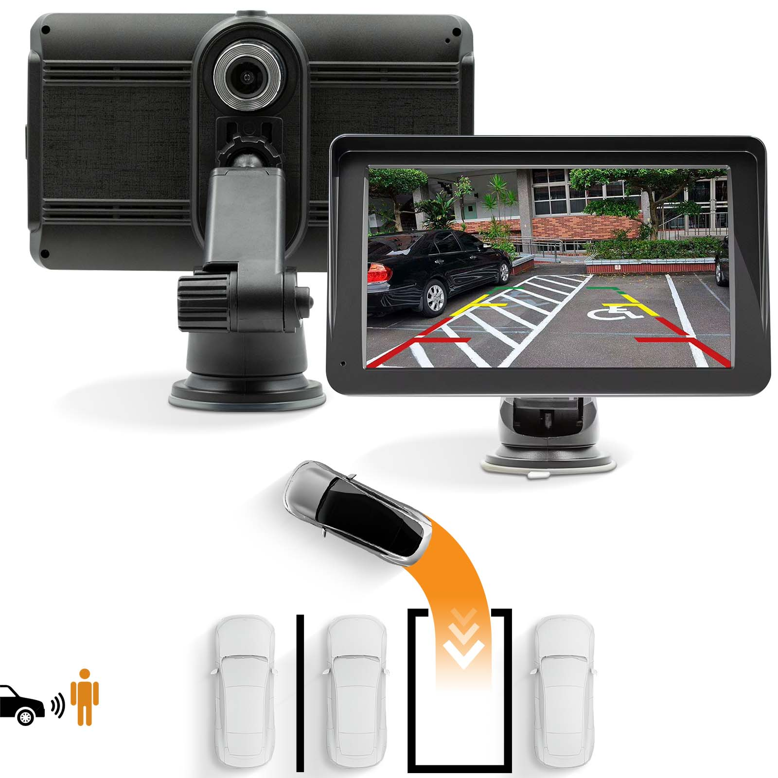 Ein Rückfahrkamera-System mit Monitor und schematischer Darstellung von Parkplätzen.