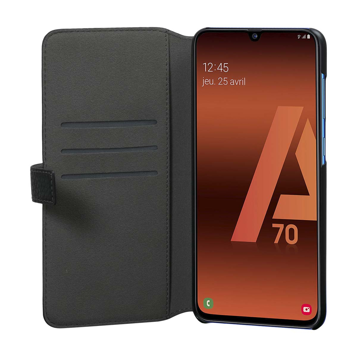 Ein schwarzes Smartphone in einer offenen dunklen Hülle mit Kartenfächern.