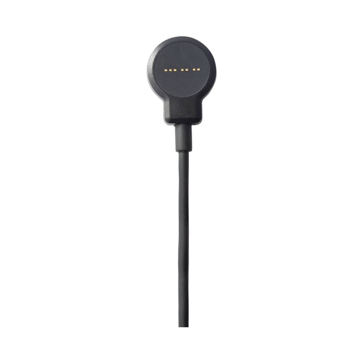 Un cavo di ricarica nero con connettore magnetico rotondo e pin di ricarica.