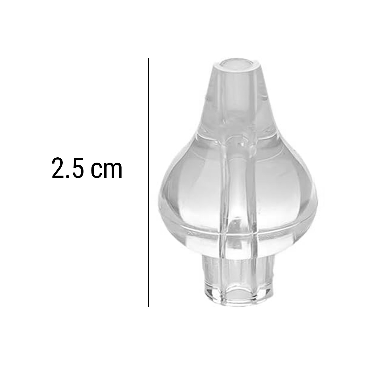 Un tappo in plastica trasparente dalla forma bulbosa e collo stretto.