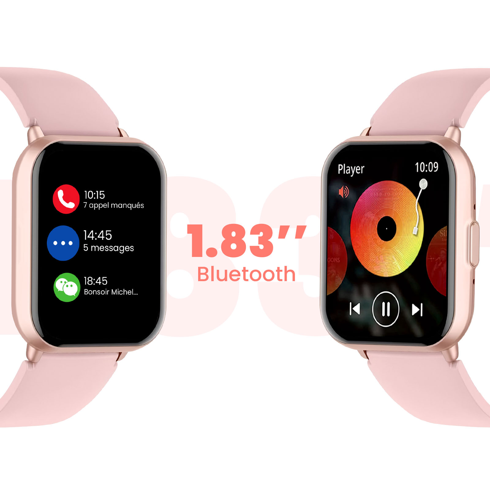 Ein rosa Smartwatch-Display zeigt Anrufe und Nachrichten. Das andere zeigt den Musik-Player.