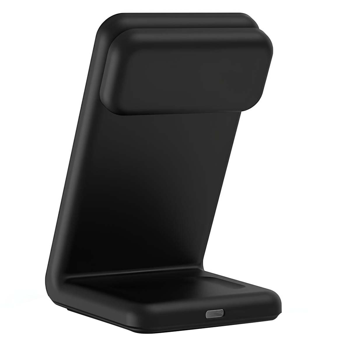 Un supporto di ricarica wireless nero è mostrato su sfondo bianco.