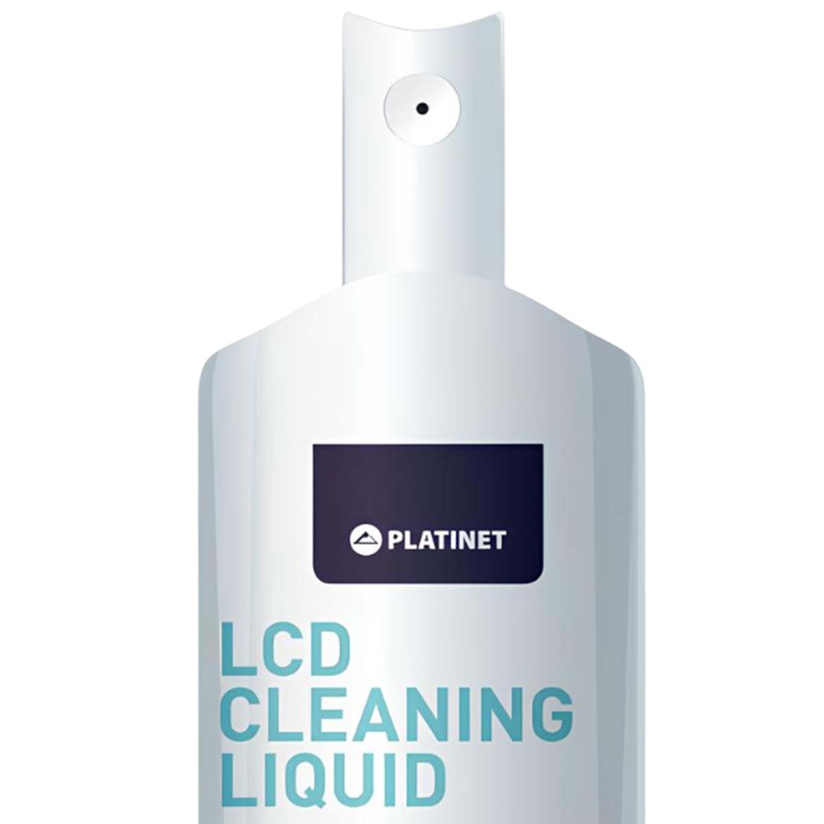 Flacone bianco di liquido per pulizia LCD con logo Platinet. Ugello superiore con punto nero.