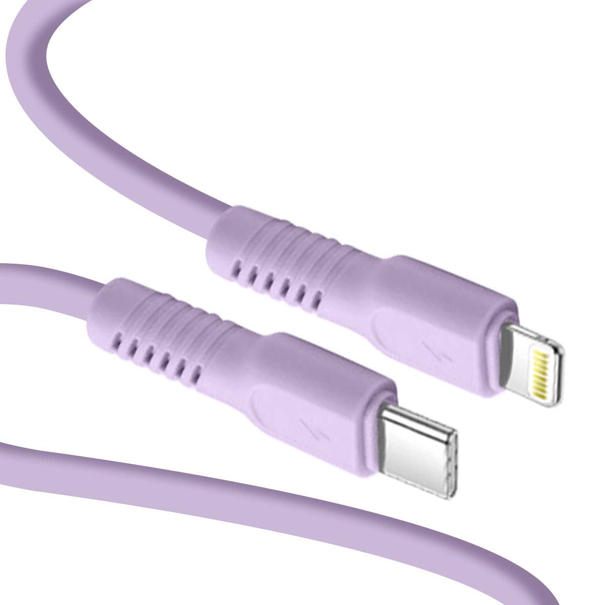 Un câble de chargement violet avec connecteurs USB-C et Lightning.