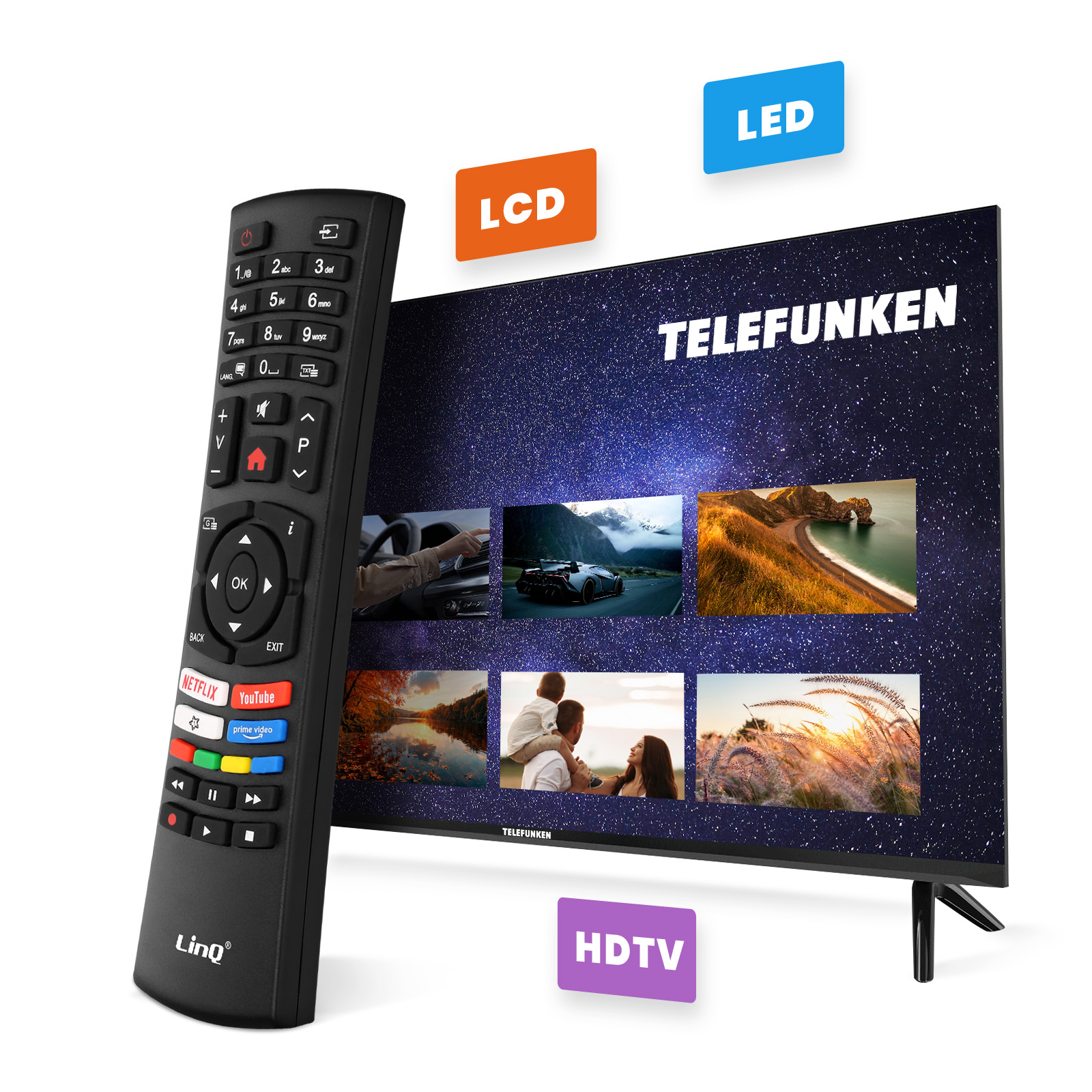Une télécommande noire devant un téléviseur Telefunken.