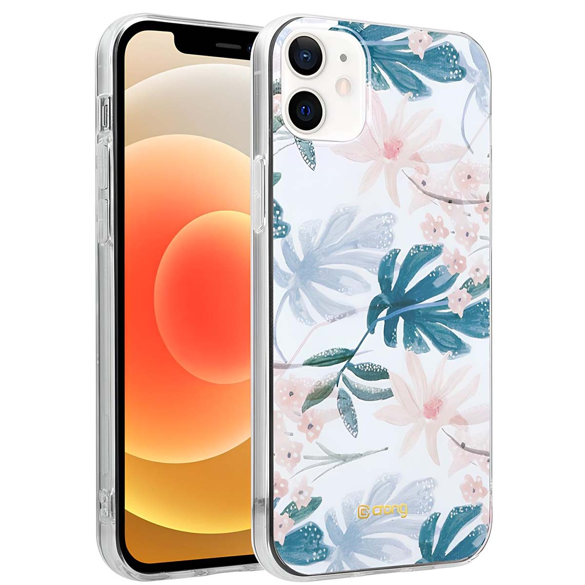 Un iPhone in una custodia trasparente con motivo floreale pastello.