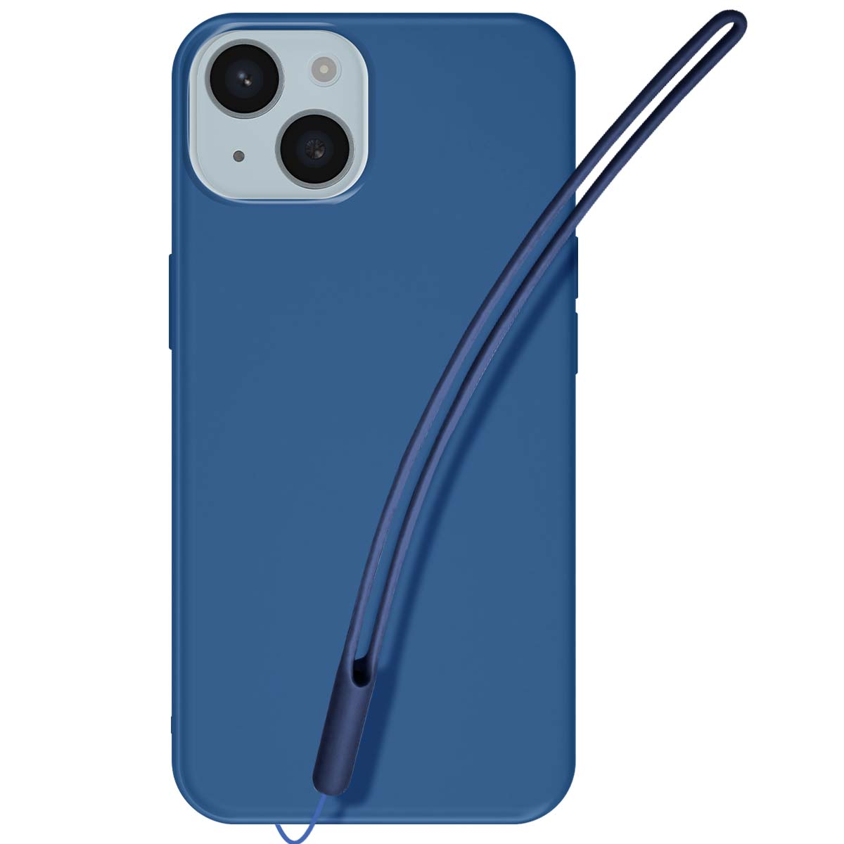 Una custodia blu per telefono con un laccio. Il modulo fotocamera è visibile.
