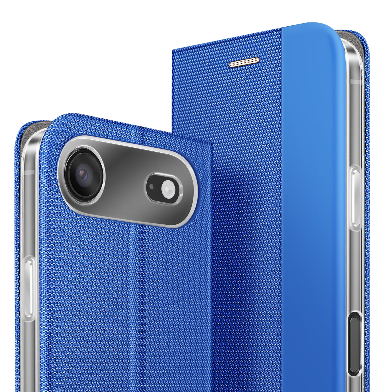 Custodia blu per telefono con obiettivo e flash su sfondo bianco.