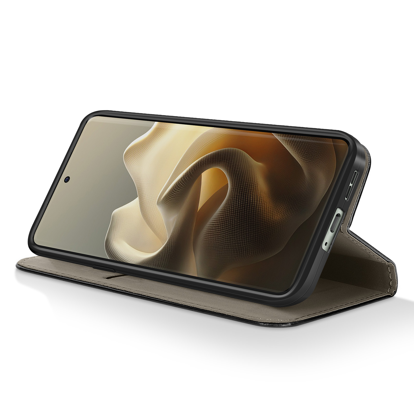 Un smartphone dans un étui livre ouvert sur fond abstrait.