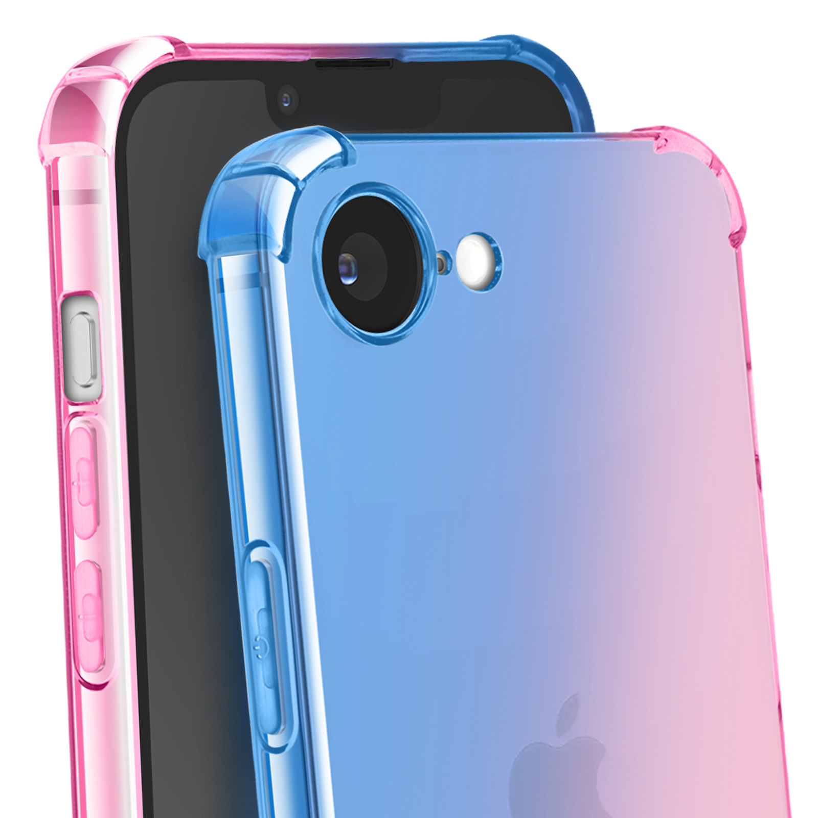 Deux téléphones dans des coques de protection, une rose, une dégradé bleu-rose.