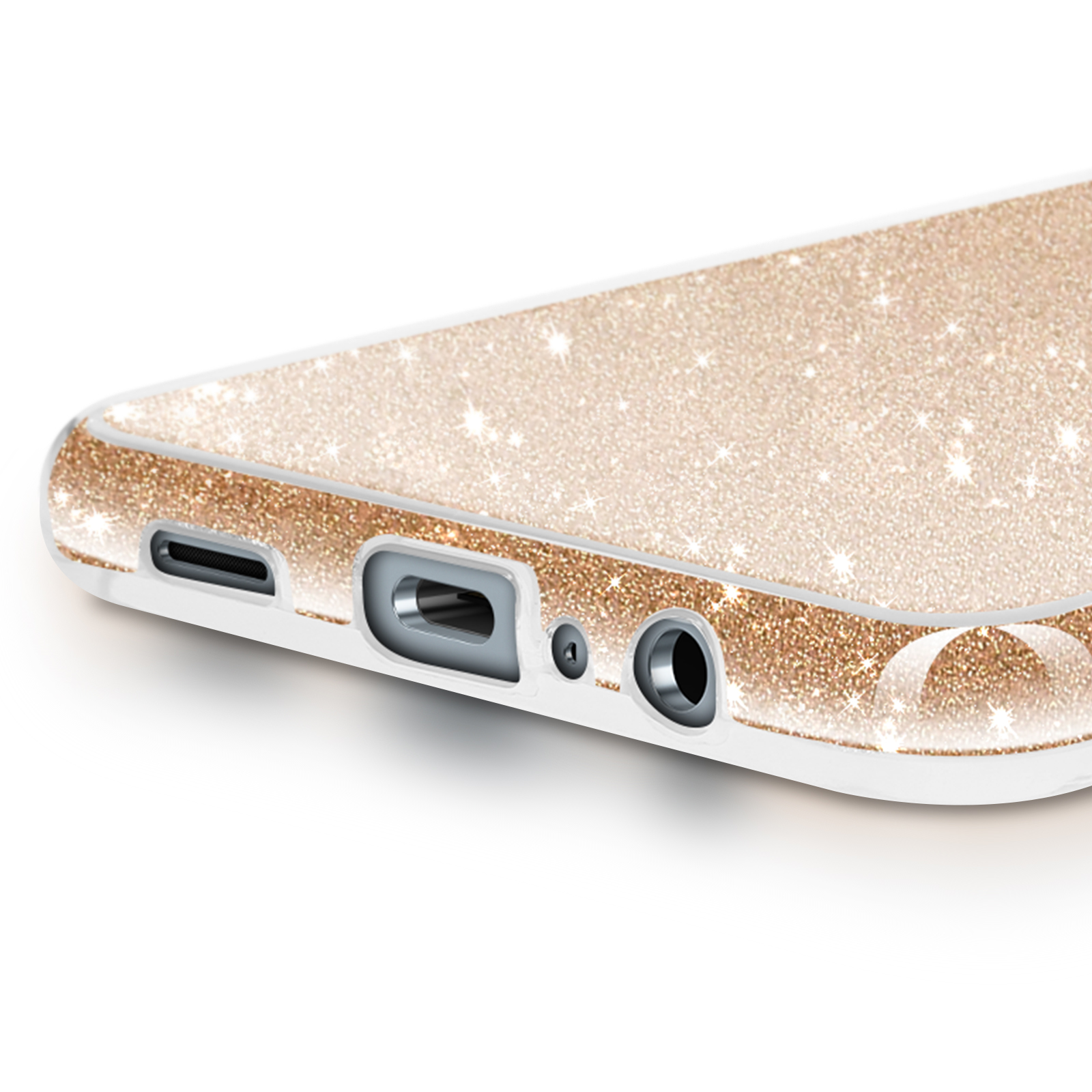 Primo piano di una cover per telefono glitter oro rosa con porte sul bordo inferiore.