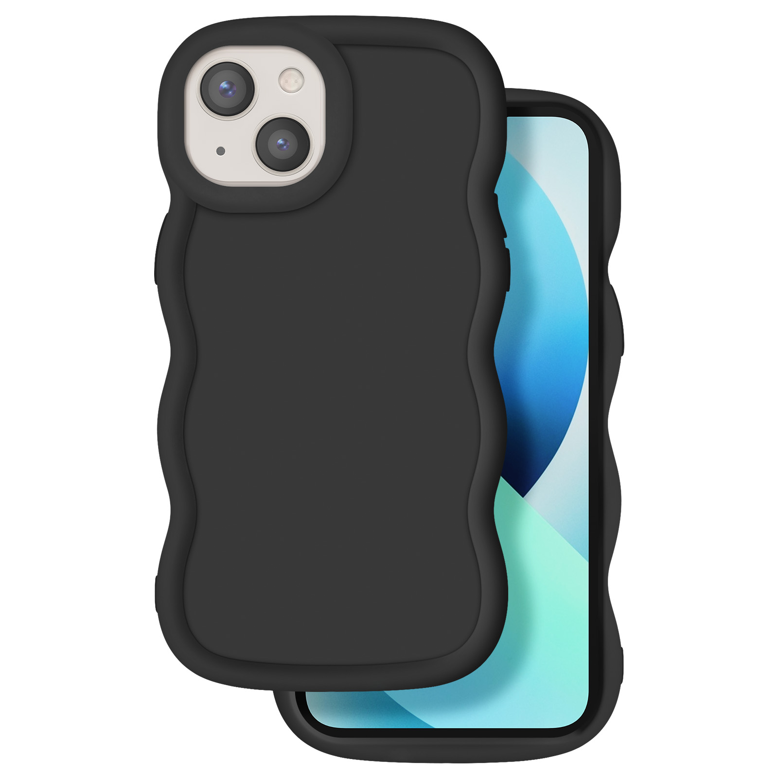 Cover nera per iPhone con bordi ondulati, mostra il gruppo fotocamere.