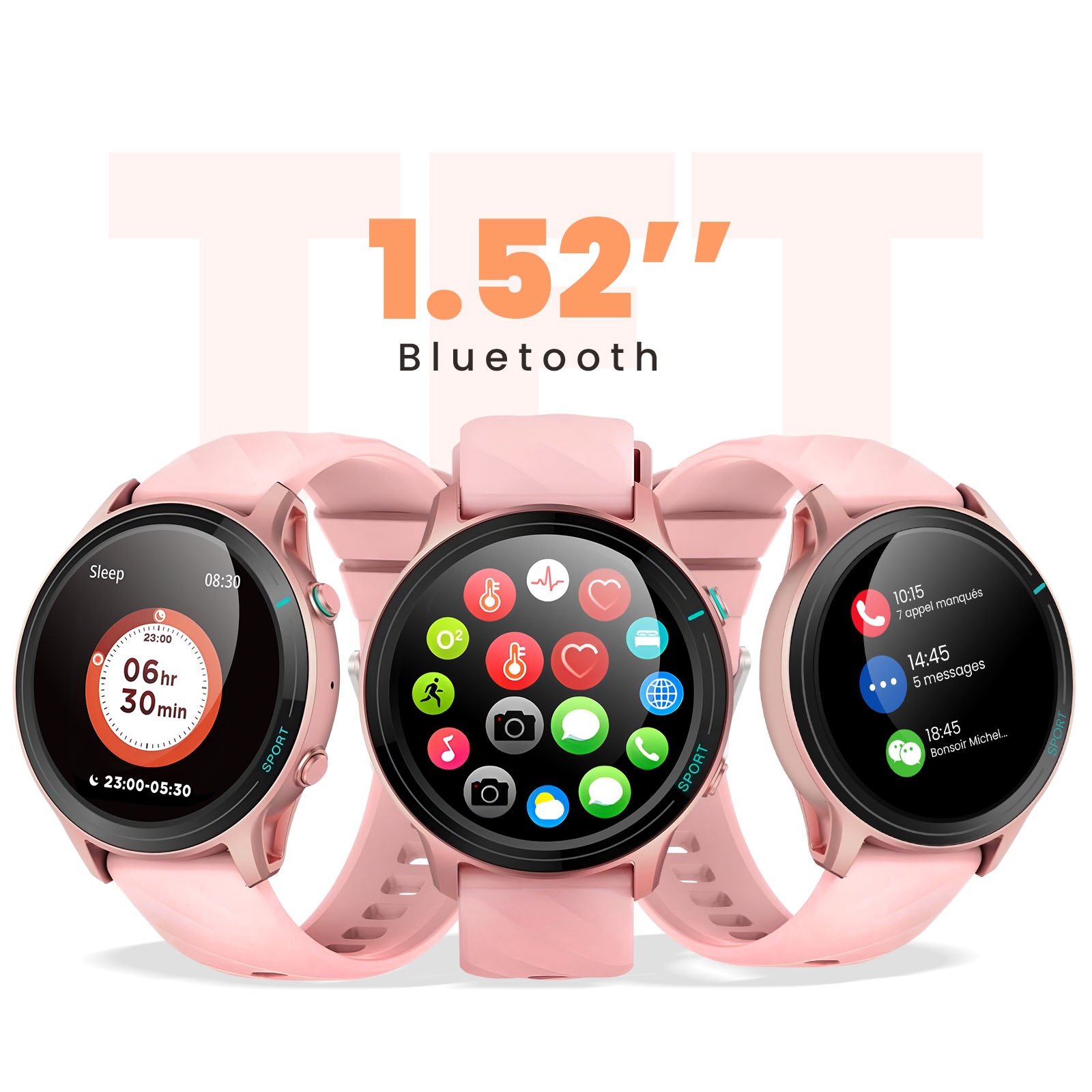 Drei rosafarbene Smartwatches mit verschiedenen Bildschirmen: Schlaf, Apps und Nachrichten.