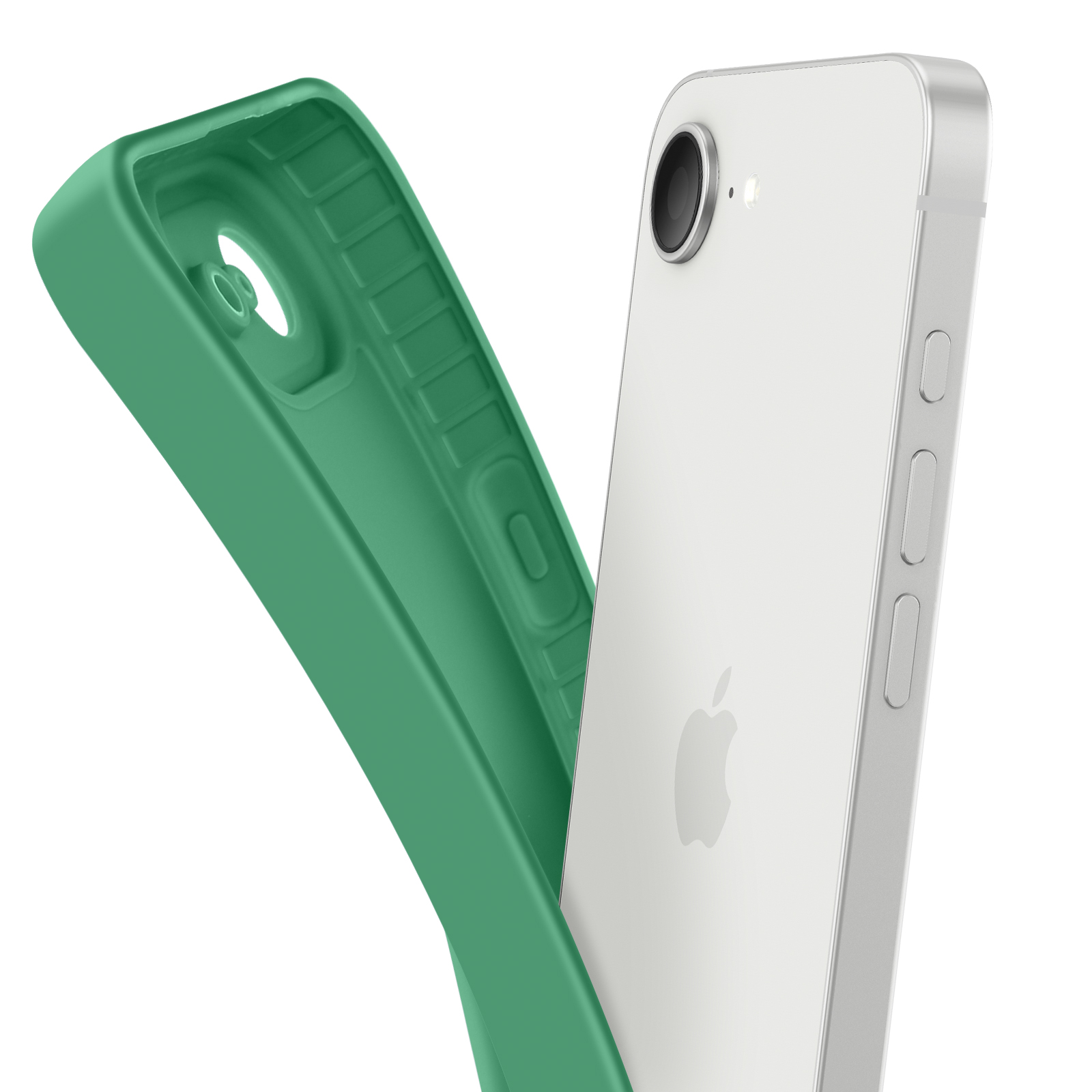 Un iPhone blanc à côté d'une coque verte.