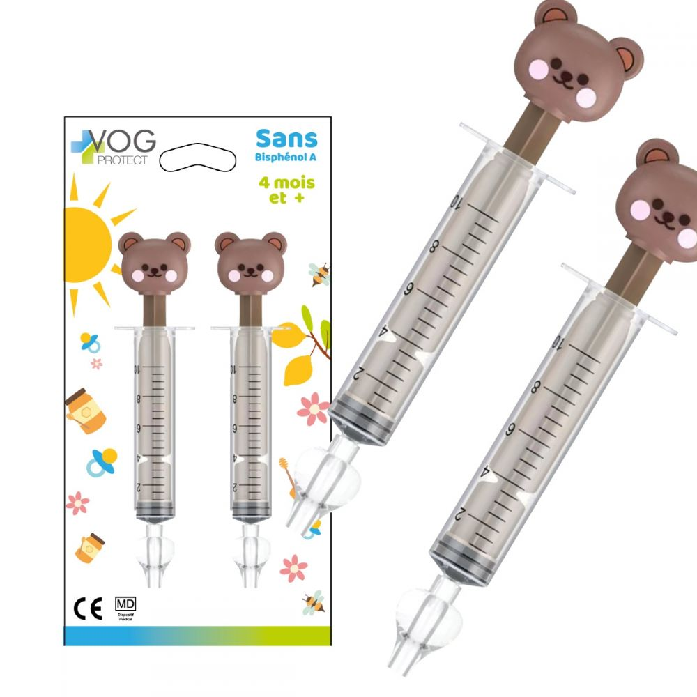 Due aspiratori nasali per bambini con orsetto sul packaging.