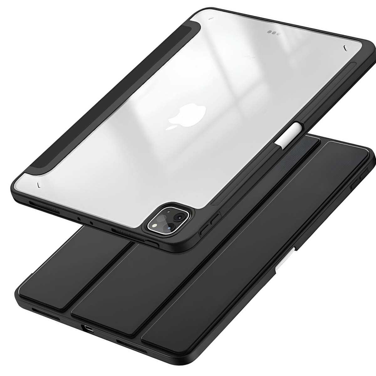 Un tablet nero con custodia trasparente e portapenne.