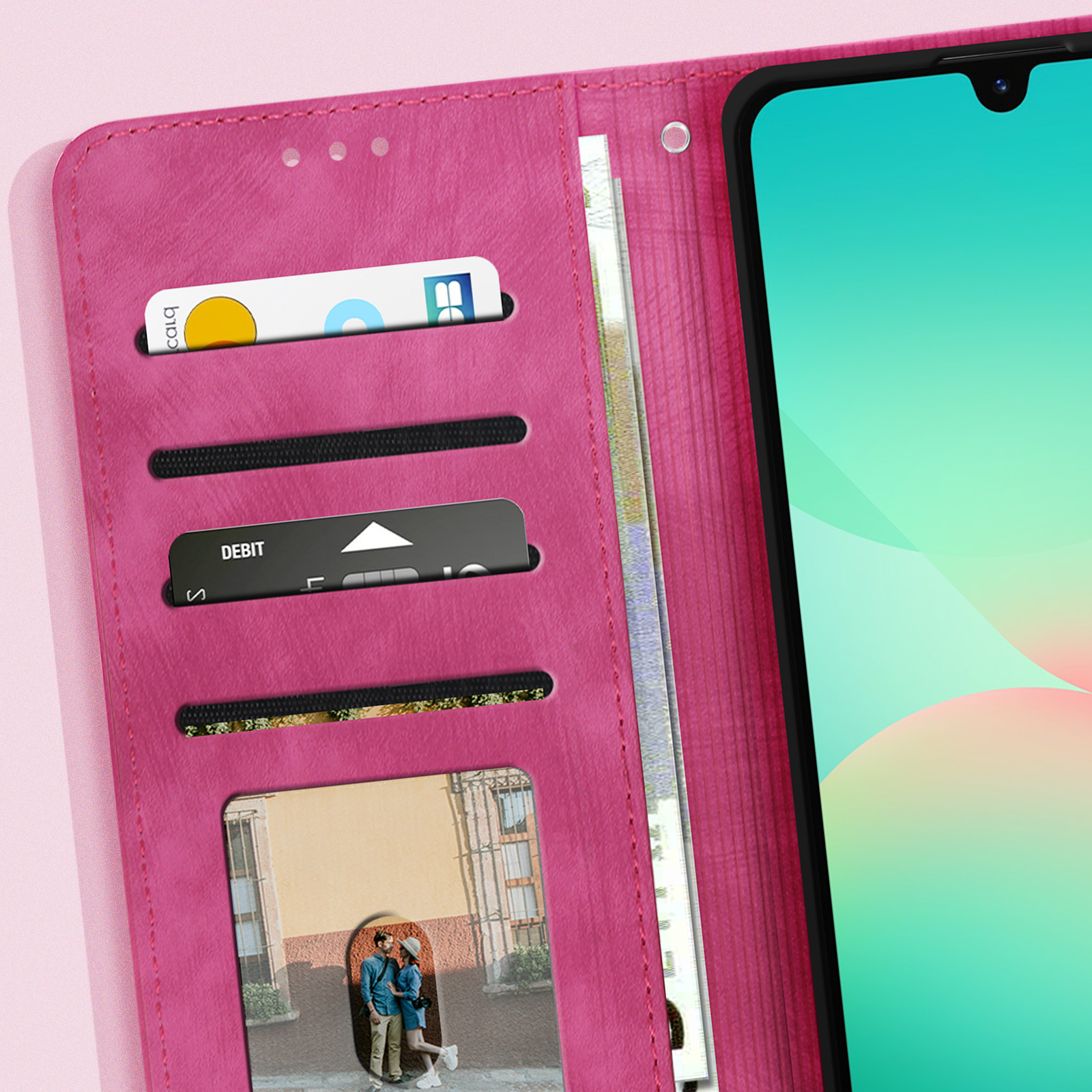 Pinke Handyhülle mit Kartenfächern und Handy.