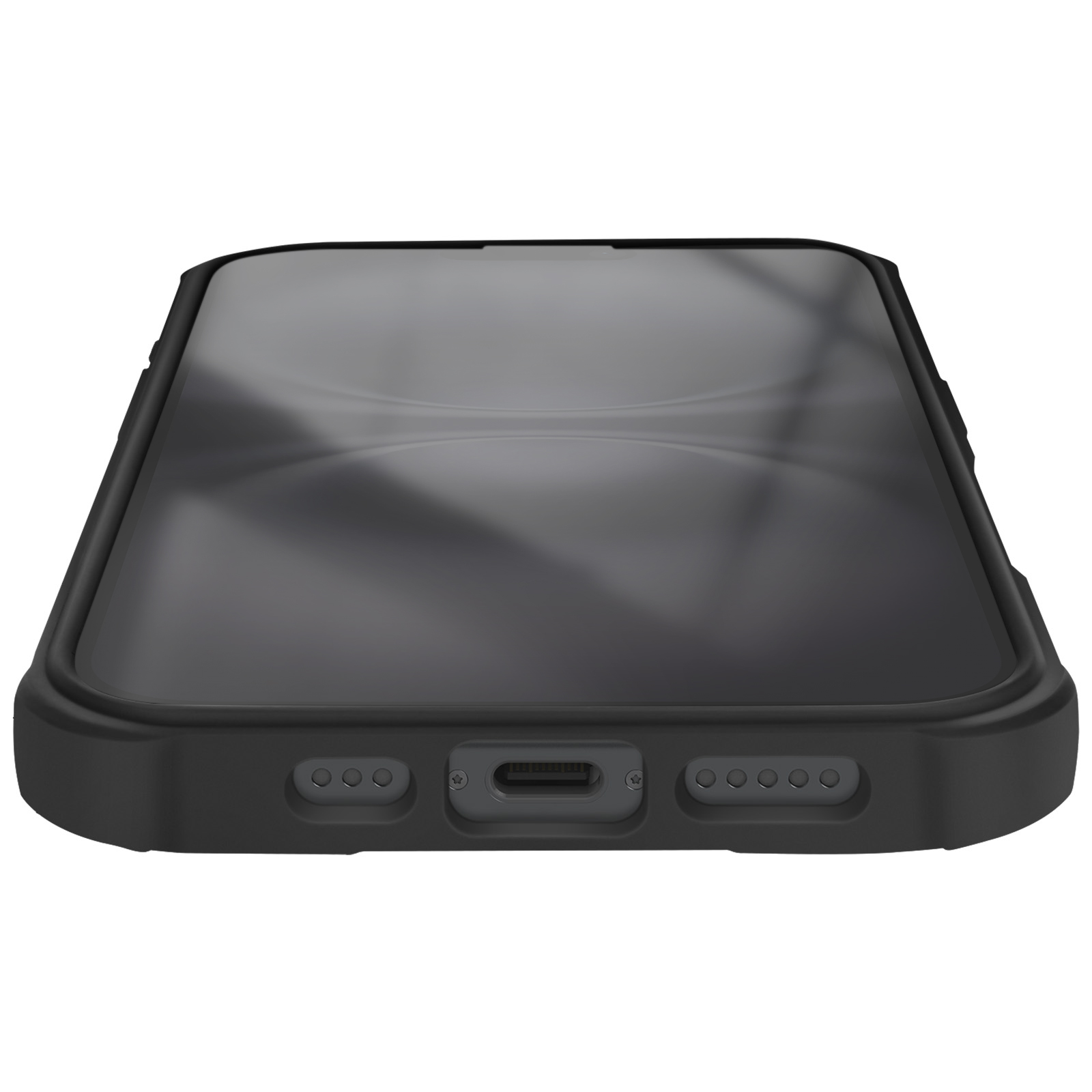 Smartphone nero con porta di ricarica e griglie altoparlanti in basso.
