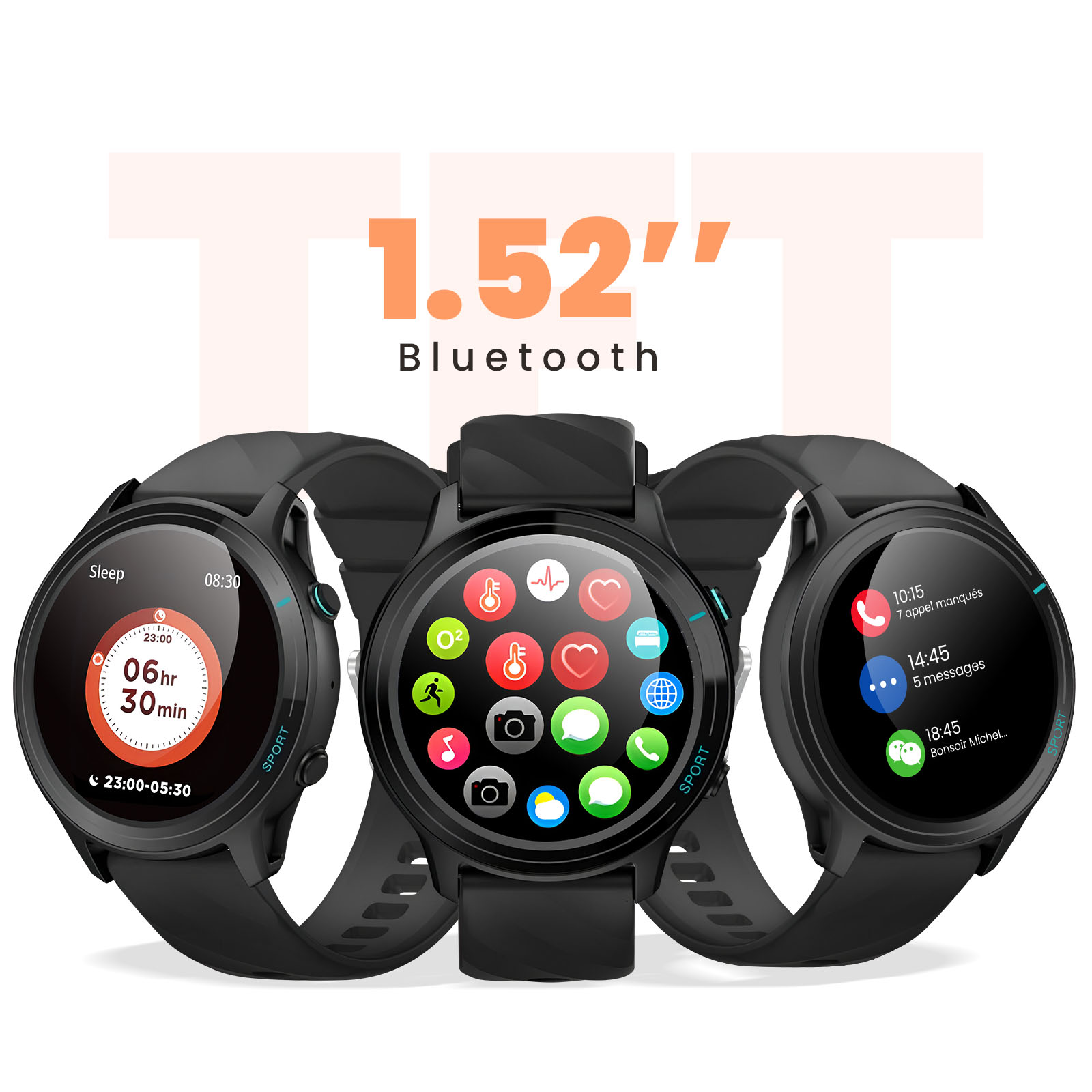 Tres relojes inteligentes negros muestran iconos de aplicaciones coloridos.