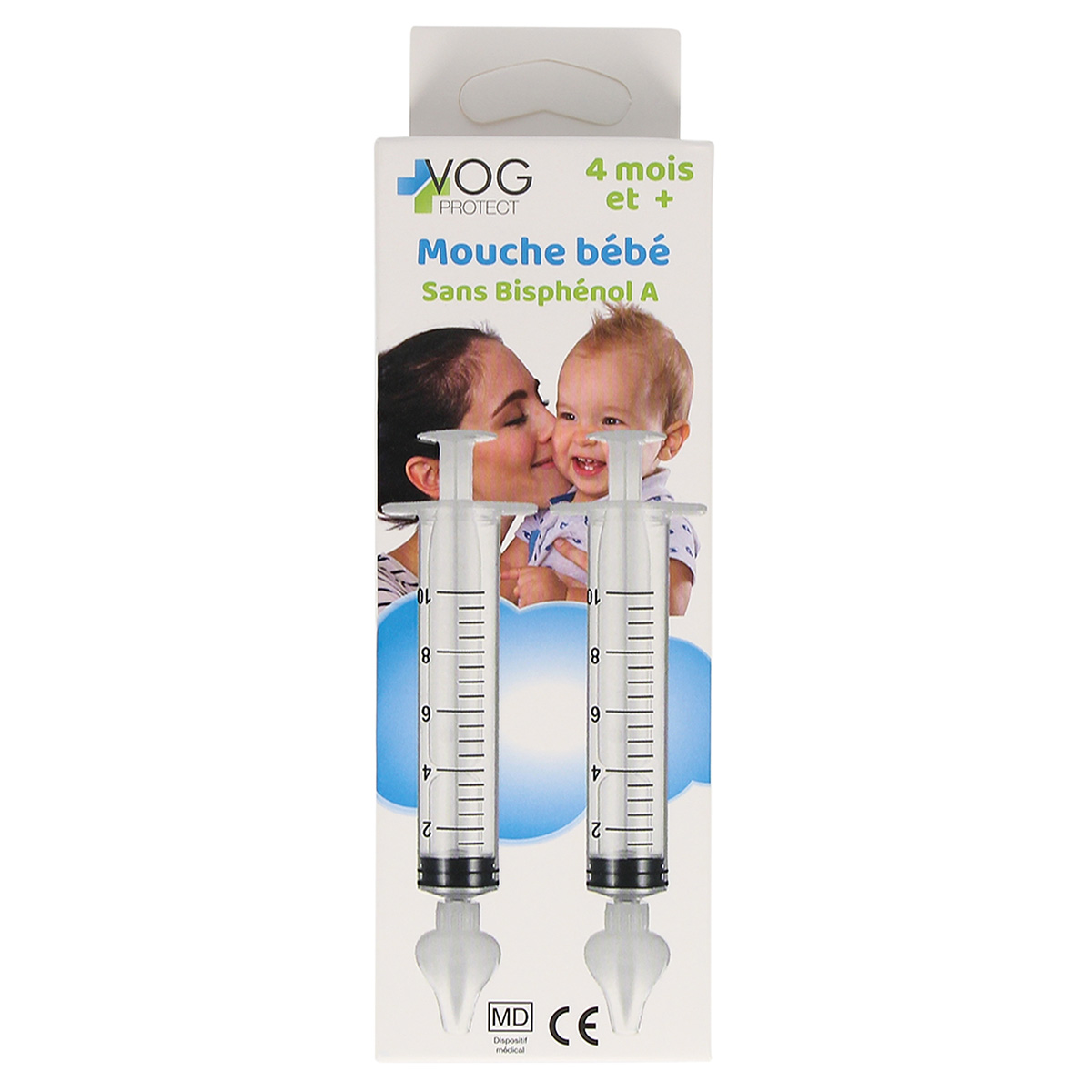 Confezione con due aspiratori nasali per neonati e immagine madre e bimbo.