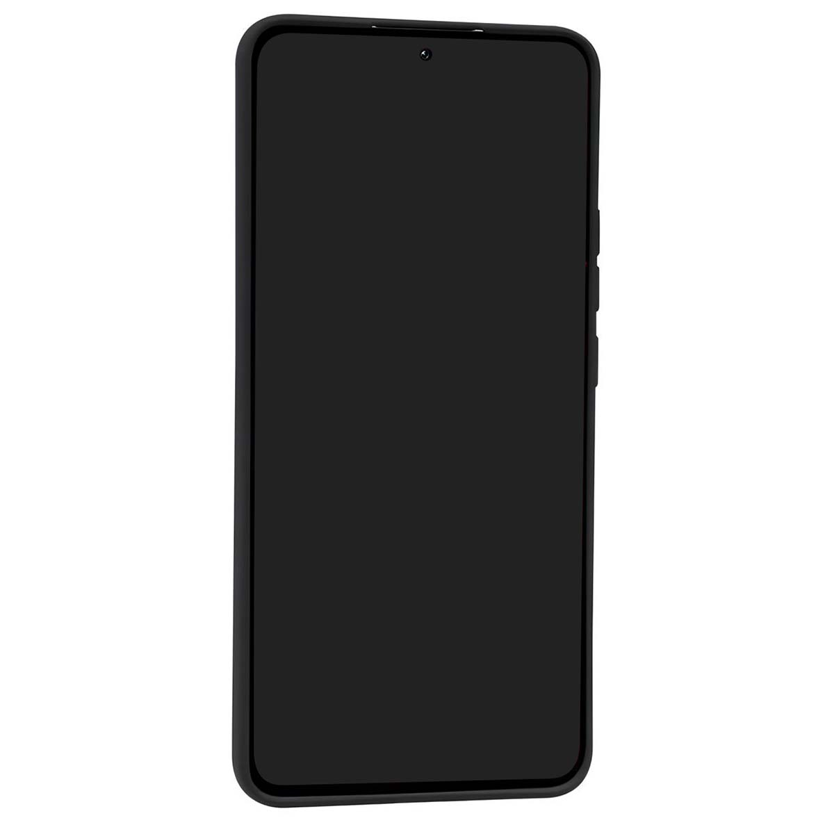 Ein schwarzes Smartphone mit abgerundeten Ecken, Nahaufnahme.