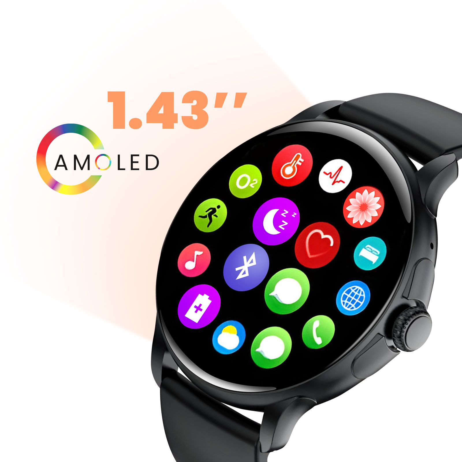 Eine schwarze Smartwatch mit einem 1,43-Zoll-AMOLED-Display und bunten App-Symbolen.