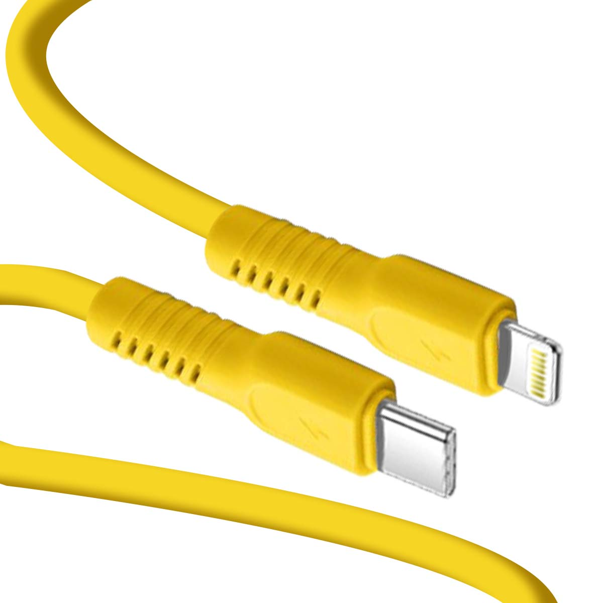 Un câble de chargement jaune avec connecteurs USB-C et Lightning.