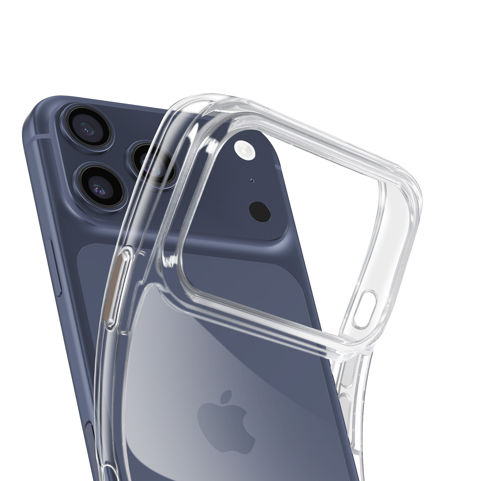 Una custodia trasparente per telefono su uno smartphone blu con tre fotocamere.